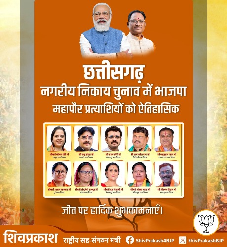 नगरीय निकायों में भाजपा की ऐतिहासिक जीत पर खिले केंद्रीय नेतृत्व के चेहरे, राष्ट्रीय नेताओं ने सीएम साय एवं संगठन को दी बधाई