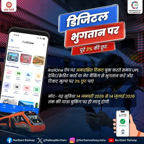 रेलवन ऐप से अनारक्षित टिकट पर डिजिटल भुगतान से मिलेगी 3 प्रतिशत की छूट